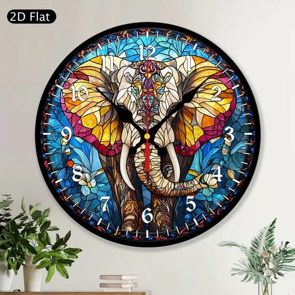 Mandala Elephant Round Wall Clock, Boho Faux Stained-Glass Style MDF Wood, Decorative Spiritual Bohemian Home Decor, Unique Gift for Her