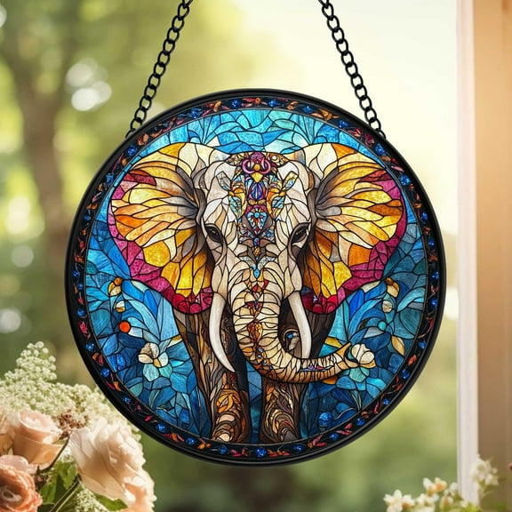 Mandala Elephant Suncatcher, Boho Faux Stained-Glass Window Hanging, Spiritual Gift for Her