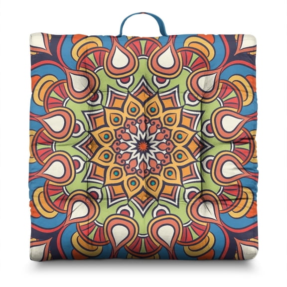 Mandala Ethnic Floor Pillow Thick Square Meditation Cushion with Folk Style Patterns, Resilient PP Cotton, Perfect for Yoga or Tea Ceremony
