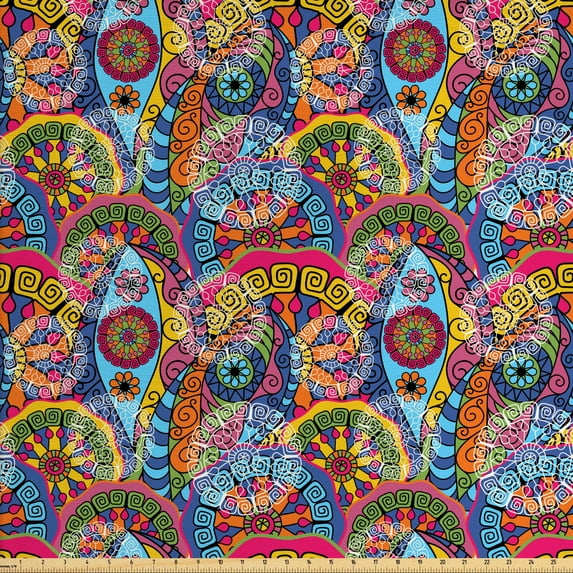 Ambesonne Mandala Fabric by the Yard Upholstery, Ethnic Folk Round Flowers, 3 Yards, Multicolor