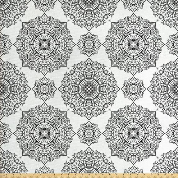 Ambesonne Mandala Fabric by the Yard Upholstery, Eastern Petals and Leaves, 3 Yards, Black and White