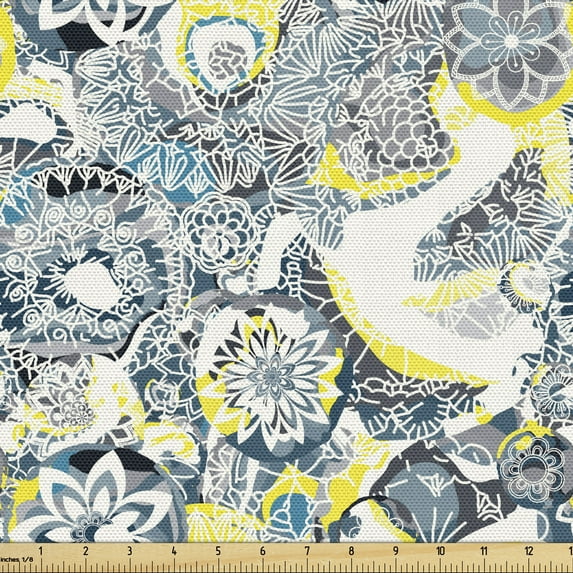 Ambesonne Floral Fabric by the Yard Upholstery, Mandala Vintage Style, 1 Yard, Yellow Blue