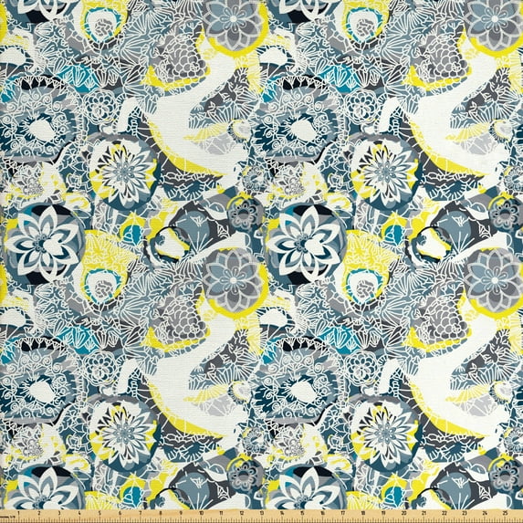 Ambesonne Floral Fabric by the Yard Upholstery, Mandala Vintage Style, 3 Yards, Yellow Blue