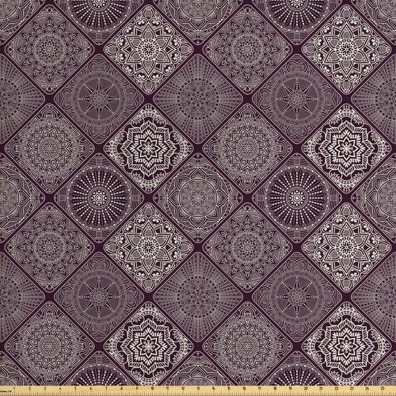 Ambesonne Mandala Fabric by the Yard Upholstery, Frames Vintage Oriental, 3 Yards, Eggplant and White
