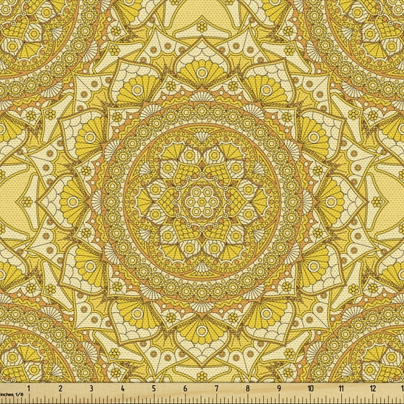 Ambesonne Mandala Fabric by the Yard Upholstery, Oriental Cosmic Floral Form, 3 Yards, Earth Yellow Mustard