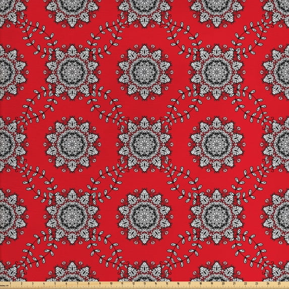 Ambesonne Mandala Fabric by the Yard Upholstery, Sketchy Leaves Swirl Art, 3 Yards, Vermilion White