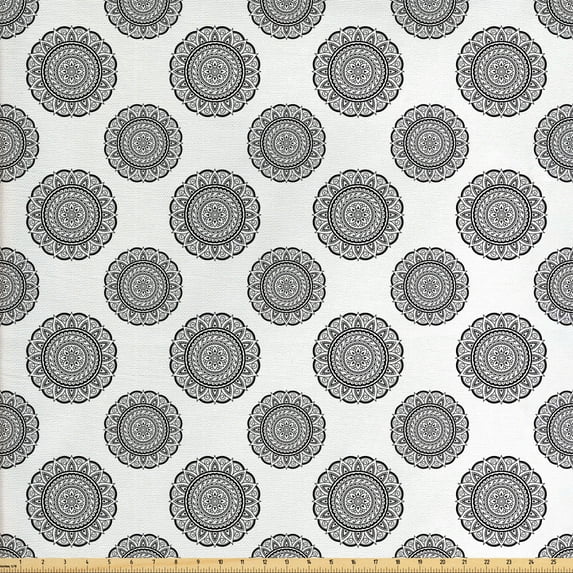 Ambesonne Mandala Fabric by the Yard Upholstery, Round Details Repetition, 3 Yards, Grey and White