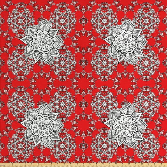 Ambesonne Mandala Fabric by the Yard Upholstery, Psychedelic Floral Form, 2 Yards, Scarlet White Black