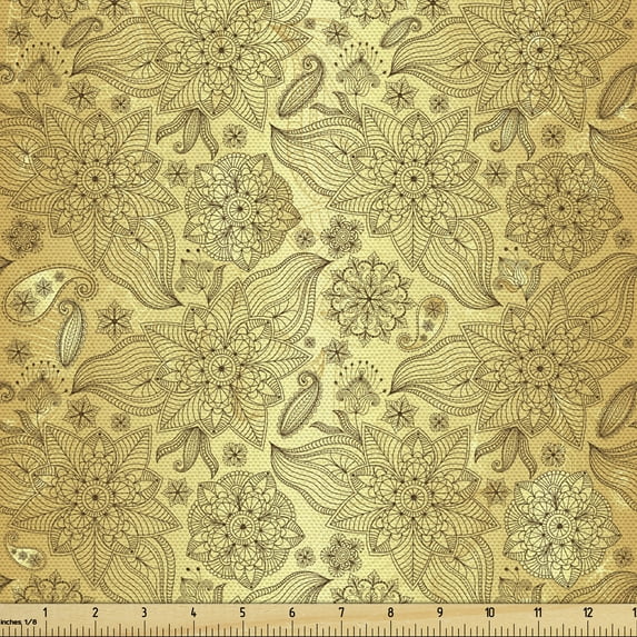 Ambesonne Mandala Fabric by the Yard Upholstery, Flourishing Paisley, 1 Yard, Yellow and Pale Yellow