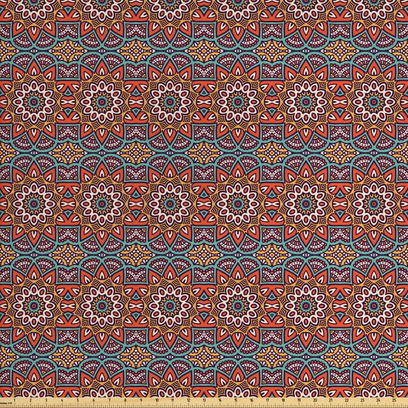 Ambesonne Mandala Fabric by the Yard Upholstery, Nature Inspired Retro, 2 Yards, Orange Turquoise White