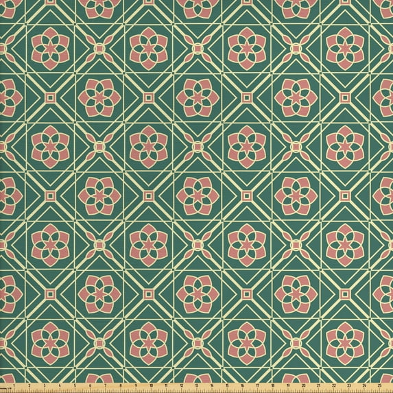 Ambesonne Mandala Fabric by the Yard Upholstery, Floral Eastern, 2 Yards, Jade Green Pale Pink