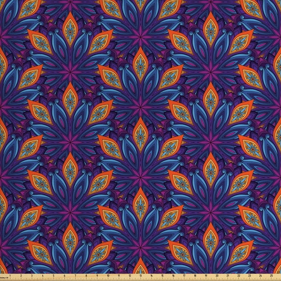 Ambesonne Mandala Fabric by the Yard Upholstery, Vibrant Floral Ornate, 3 Yards, Orange Pale Blue Purple