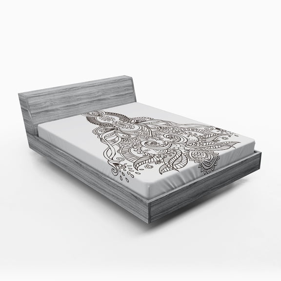 Ambesonne Mandala Fitted Sheet, Lotus Sun Art Design, Full Size, White and Black