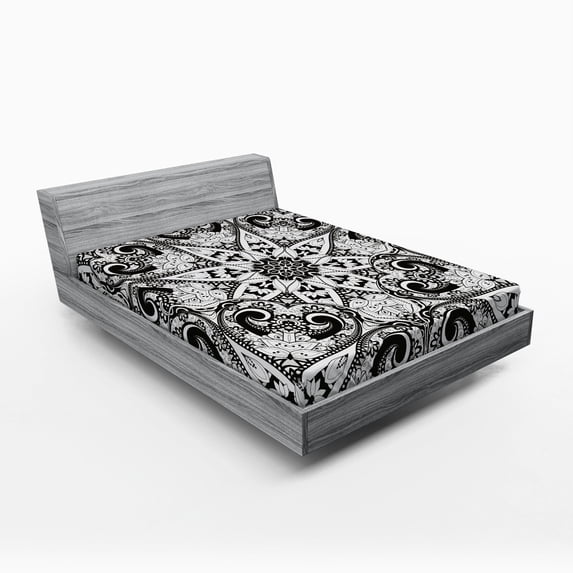 Mandala Fitted Sheet, Eastern Style Lace Like Universe Pattern with Middle Eastern Effects Print, Soft Decorative Fabric Bedding, Full Size, Black White, by Ambesonne