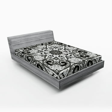 Mandala Fitted Sheet, Eastern Style Lace Like Universe Pattern with Middle Eastern Effects Print, Soft Decorative Fabric Bedding, Queen Size, Black White, by Ambesonne