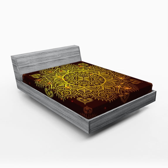 Ambesonne Mandala Fitted Sheet, Oriental Snowflake Art, Queen Size, Yellow Brown