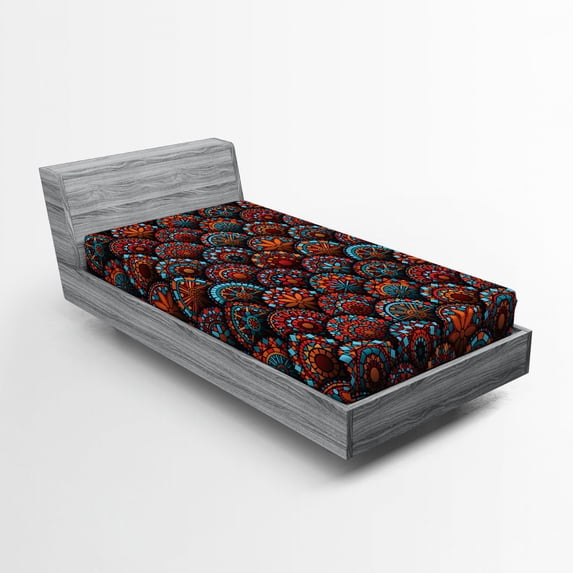 Ambesonne Mandala Fitted Sheet, Geometric Floral Forms, Twin Size, Scarlet Orange Blue