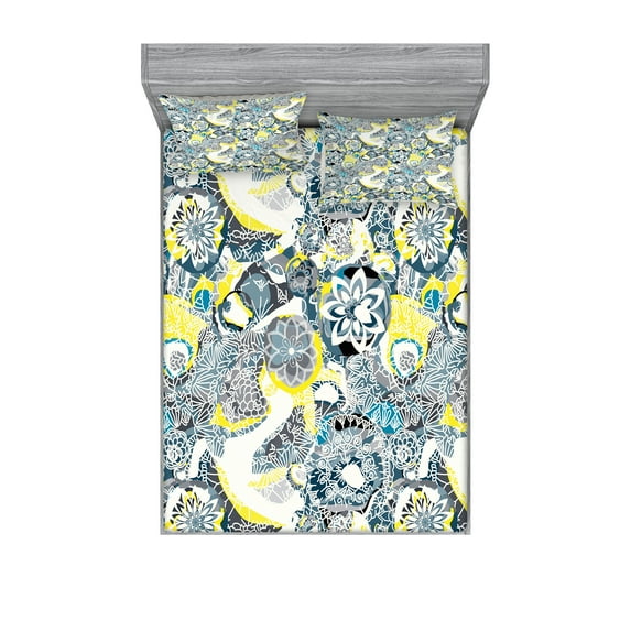 Mandala Fitted Sheet & Pillow Sham Set, Floral Mandala Ornamental Vintage Blooming Flowers Foliage Leaves Garden Themed, Decorative 6 Piece Bedding Decor Set, Calking, Yellow Blue, by Ambesonne