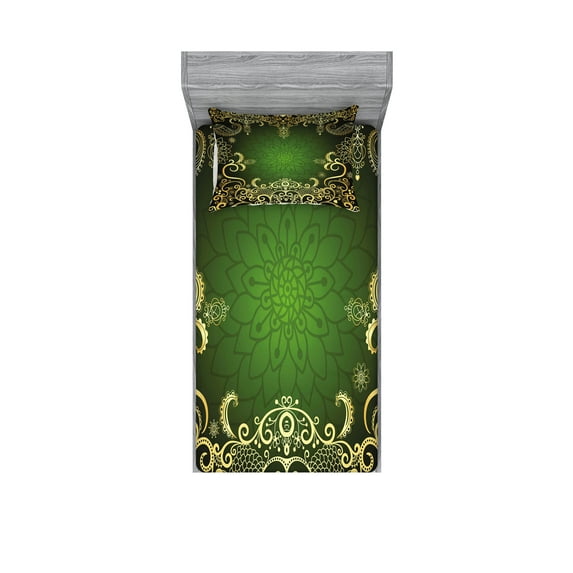 Mandala Fitted Sheet & Pillow Sham Set, Frame Lotus Shade Floral Swirls Little Hearts and Dots, Decorative Printed 4 Piece Bedding Decor Set, Twin, Green Black Pale Yellow, by Ambesonne