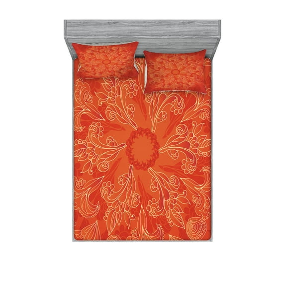 Mandala Fitted Sheet & Pillow Sham Set, Vibrant Colored Doodle Style Nature Romantic Abstract Bouquet Art, Decorative Printed 6 Piece Bedding Decor Set, Full, Scarlet Orange, by Ambesonne