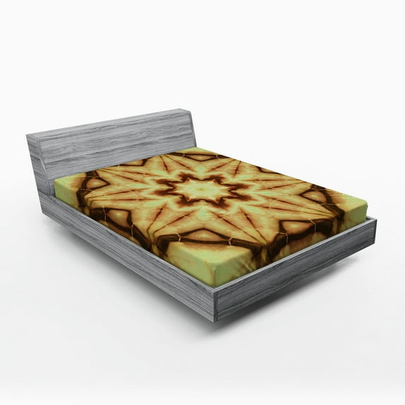 Mandala Fitted Sheet, Trippy Thai Mandala Motif with Dirty Grunge Smear and Rough Stains Art, Soft Decorative Fabric Bedding, Queen Size, Mustard Brown, by Ambesonne