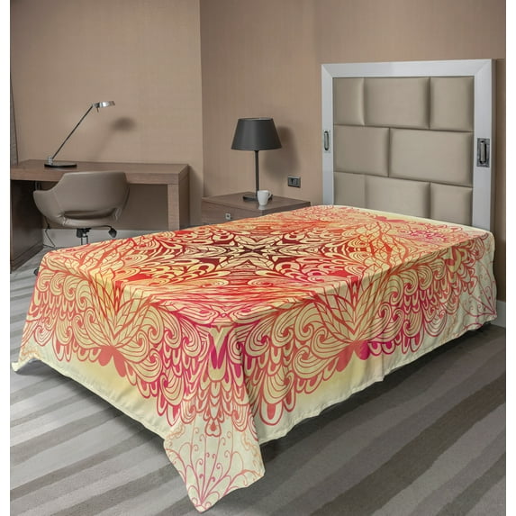 Ambesonne Mandala Flat Sheet, Doodle Flower Swirl Art, Twin Size, Pink Yellow and White