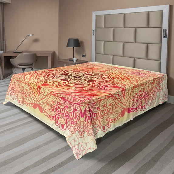 Ambesonne Mandala Flat Sheet, Doodle Flower Swirl Art, California King, Pink Yellow and White