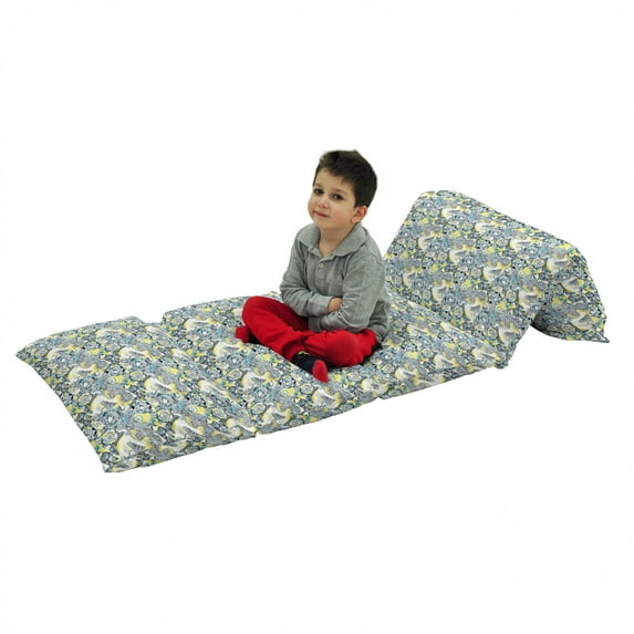 Mandala Floor Pillow Lounger Cover, Floral Mandala Ornamental Vintage Blooming Flowers Foliage Leaves Garden Themed, Nap Mat Printed Fabric Case for 5 Pillows, 88" x 27", Yellow Blue, by Ambesonne