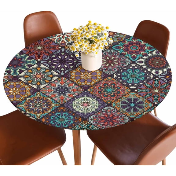 Mandala Floral Round Tablecloth Vintage Floral Mandala Flower Abstract Pattern Fitted Table Cover Washable Tablecloths for Kitchen Dining Party 44 inch