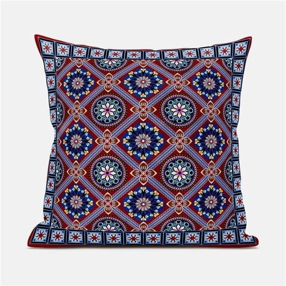 Mandala Floral Tiles Throw Pillow in Red Blue Black 20x20