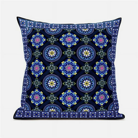 Mandala Floral Tiles Throw Pillow with Removable Cover in Blue Black Yellow Pink 18x18
