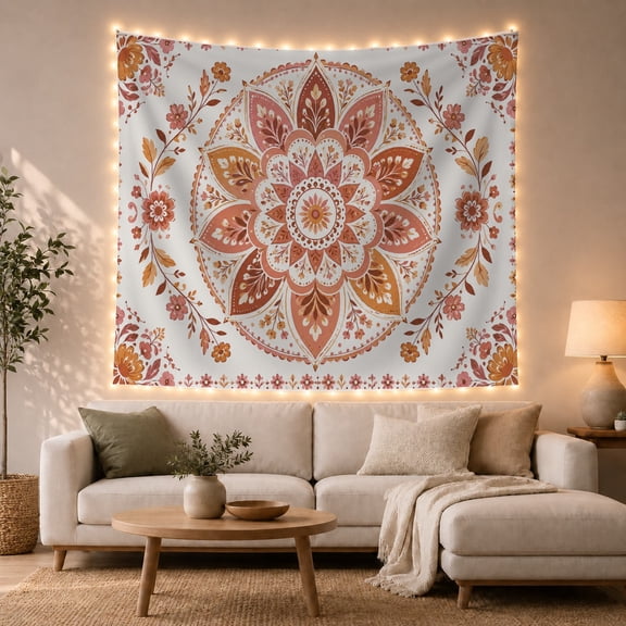 Mandala with Floral Vine Border, Cozy Boho for Home Decor Lovers, Warm-Toned Art Print, Housewarming Gift, Tapestry Wall Hanging for Living Room and Bedroom