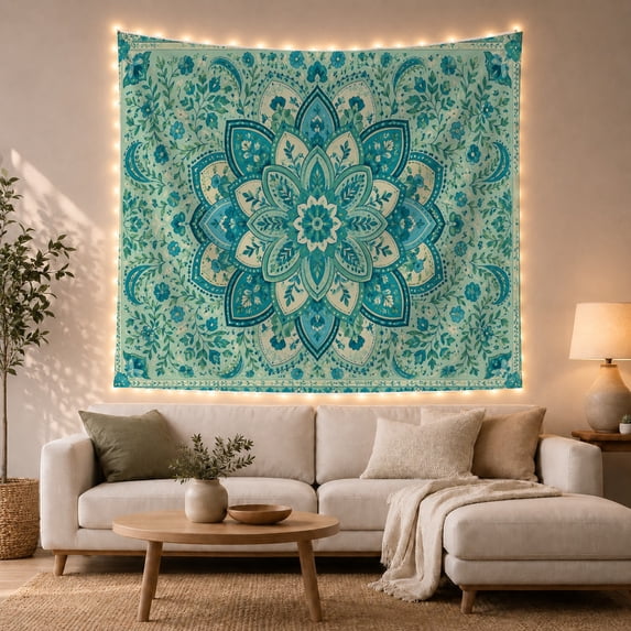 Mandala Floral Vine on Pale Mint Background, Calming Boho for Nature Decor Lovers, Folk Art Wall Decor, Housewarming Gift Tapestry Wall Hanging for Bedroom and Living Room