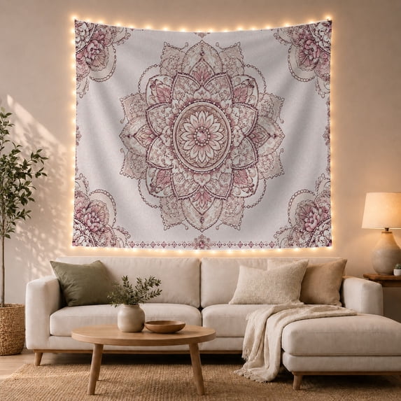 Mandala with Floral Vines on Cream Background, Serene Boho for Teen Girls, Bohemian Art Decor Birthday Gift, Tapestry Wall Hanging for Bedroom and Dorm