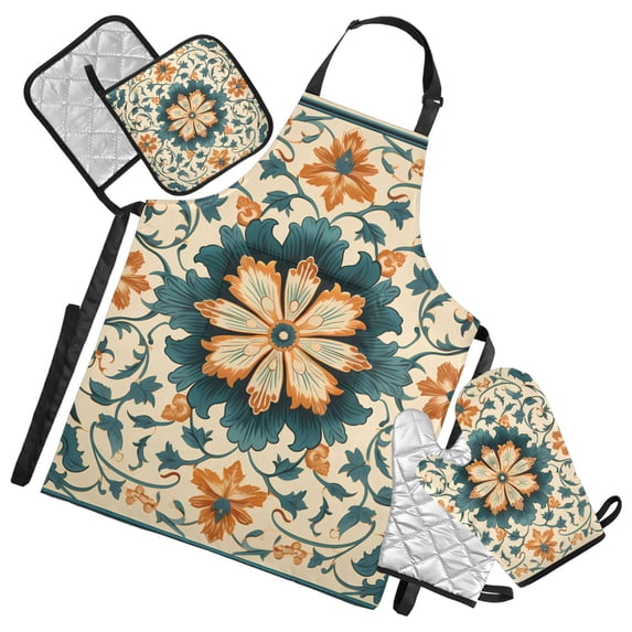 Mandala Flower 5 Pcs Kitchen Set Heat Resistant Oven Mitts and Non-Slip Pot Holders with Adjustable Cooking Apron
