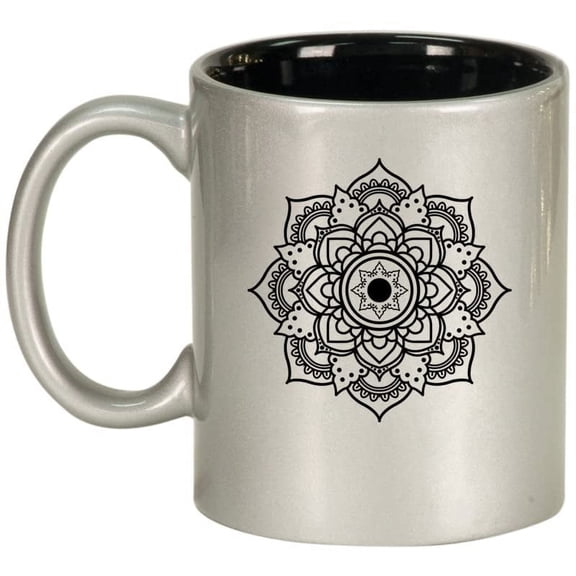 Mandala Flower Boho Zen Ceramic Coffee Mug Tea Cup Gift for Her, Friend, Coworker, Sister, Cute (11oz Silver)