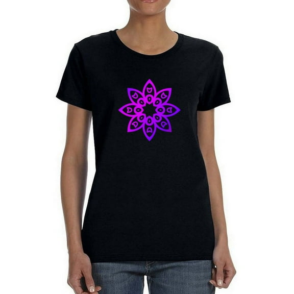 Mandala Flower Degraded Purple Graphic Women Black T-Shirt, Female Large