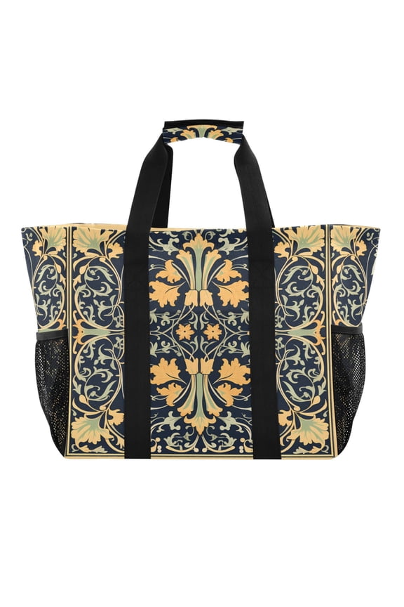 Mandala Flower Pattern Reusable Grocery Bags with Handle Side Pocket Waterproof Shopping Portable Tote