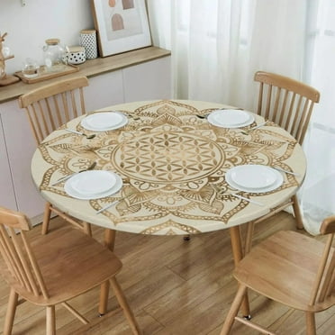 Mandala Flower of Life Round Fitted Table Cloth Waterproof Tablecloth with Elastic Edge Indoor Outdoor Party Picnic Home Decor