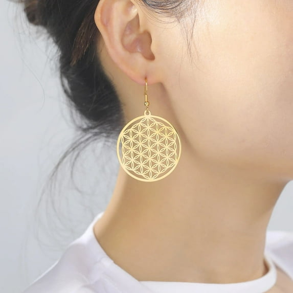 Mandala Flower of Life Women Hoop Earrings 14K Yellow Gold Big Earrings Vintage Piercing Jewelry Sacred Amulet Party Gift