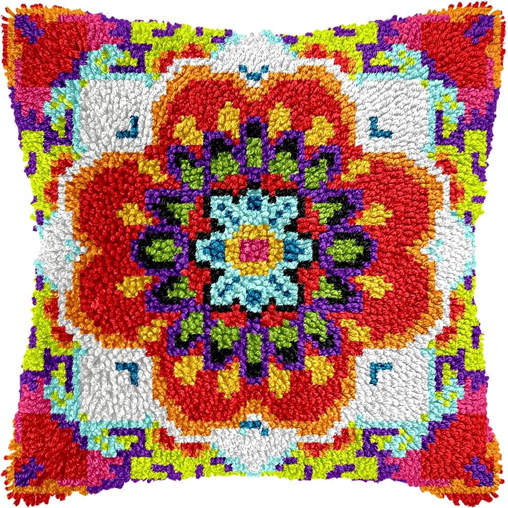 Mandala Flowers Latch Hook Kits Pillow DIY Pillowcase Crochet Hook Cushion Making Kits with Preprinted Pattern Canvas Instruction Yarns Pillow Cover Easy Starter DIY Crochet Kits 43x43cm（L44)