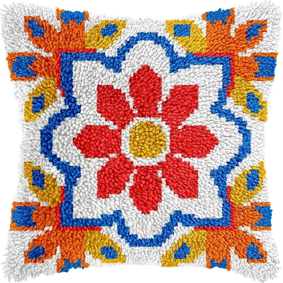 Mandala Flowers Latch Hook Pillow Kits DIY Pillowcase Crochet Hook Cushion Making Kits with Preprinted Pattern Canvas Instruction Yarns Pillow Cover Easy Starter DIY Kits 43x43cmk8)