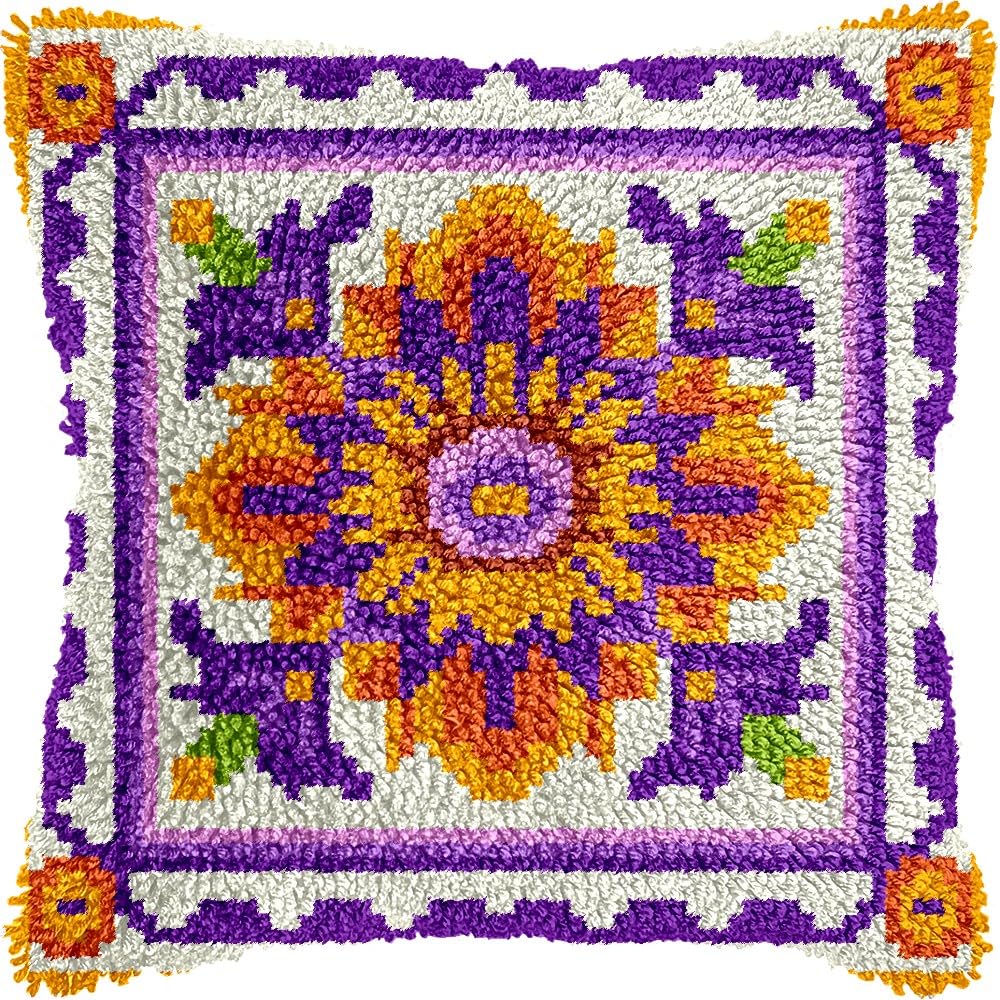 Mandala Flowers Latch Hook Pillow Kits for DIY Throw Pillow Cushion Embroidery Latch Hooking Pillowcase Kits with Preprinted Canvas Crochet Yarn Kits for Home Decor 17''X 17''(d23)