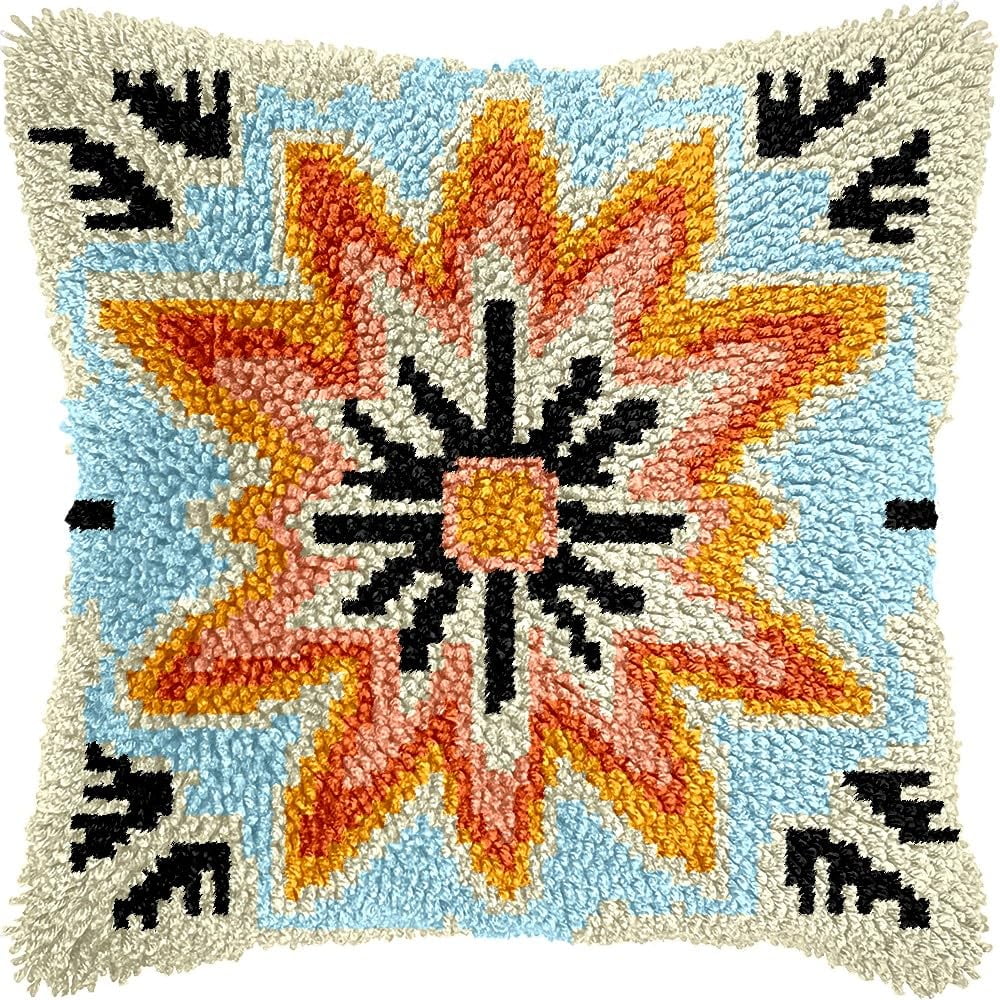Mandala Flowers Latch Hook Pillow Kits for DIY Throw Pillow Cushion Embroidery Latch Hooking Pillowcase Kits with Preprinted Canvas Crochet Yarn Kits for Home Decor 17''X 17''(d22)