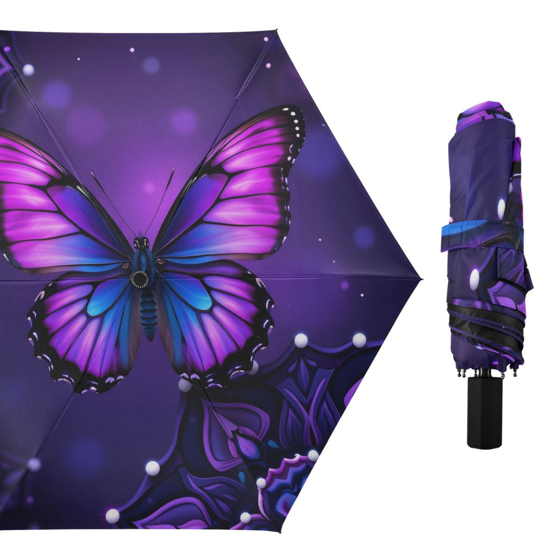 Mandala Flowers Purple Butterflies All Weather Umbrella Triple Folding Parasol 6 Ribs UV Protection Portable
