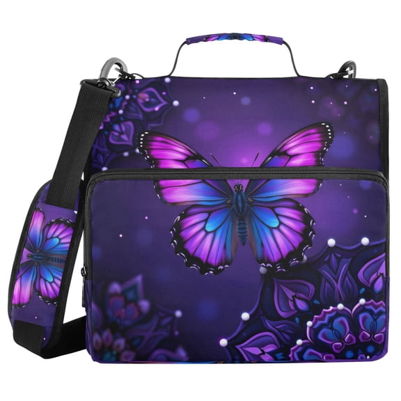 Mandala Flowers Purple Butterflies Zipper Binder Bag with Shoulder Strap 3 Ring 500 Sheets Trapper Keeper File Folder Document Storage