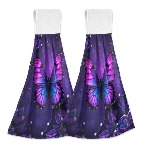 Mandala Flowers Purple Butterflies Hanging Towels with Loop Hand Towels Nylon Fastener Tape Design Dish Cloths 2 Pieces