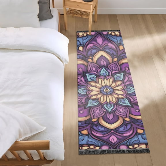 Mandala Flowers in Purple Yellow Blue Bedside Runner Rug 2'x 6' Non Slip Carpet Floor Mat Area Rug