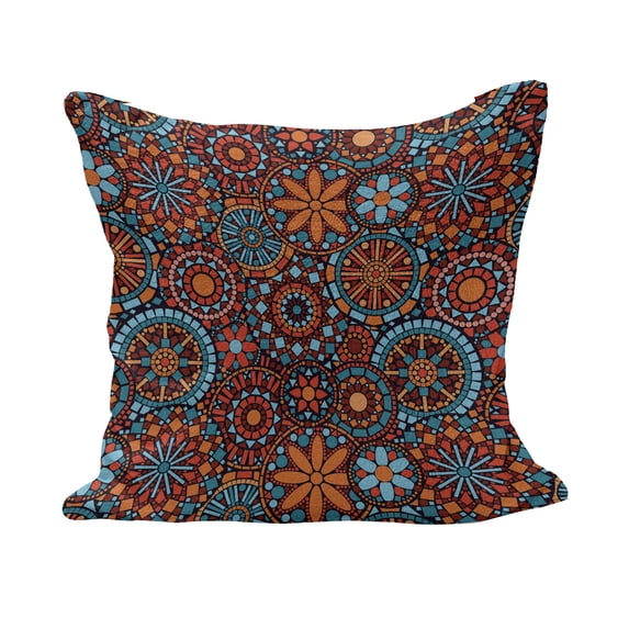 Mandala Fluffy Throw Pillow Cushion Cover, Circular Floral Cosmos Moroccan Design, Decorative Square Accent Pillow Case, 40" x 40", Vermilion Ruby Sky Blue, by Ambesonne