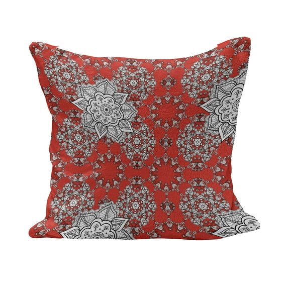 Mandala Fluffy Throw Pillow Cushion Cover, Design Pattern Doodles Mandala Style Flowers Illustration, Decorative Square Accent Pillow Case, 24" x 24", Scarlet White Black, by Ambesonne